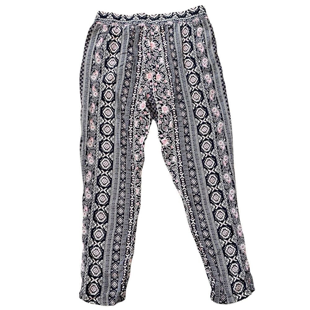 BCBG Maxazria BohoGrey Pink Black Floral Dressy Jogger Pants M Elastic Waist NEW